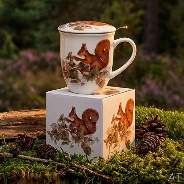 Mókusos porcelán bögre tetővel és fémszűrővel – 400 ml – díszdobozos