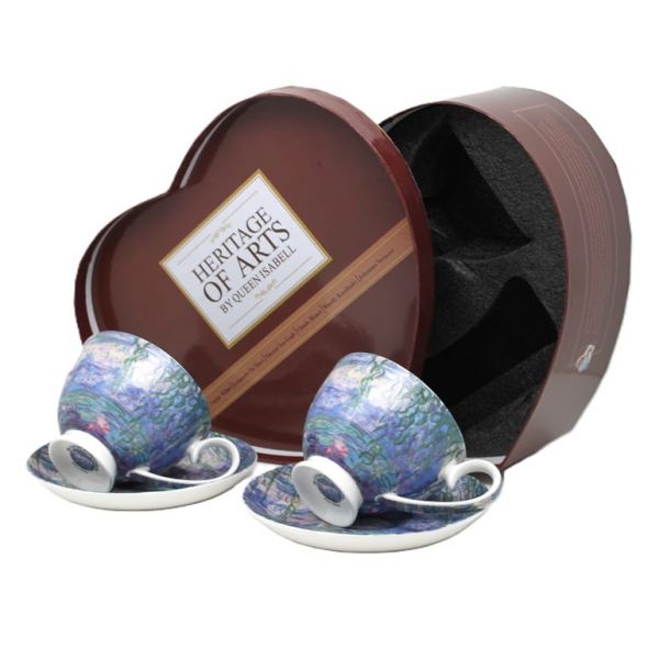 Monet porcelán csésze aljjal szett 250 ml - szív díszdobozos - Vizililiomok