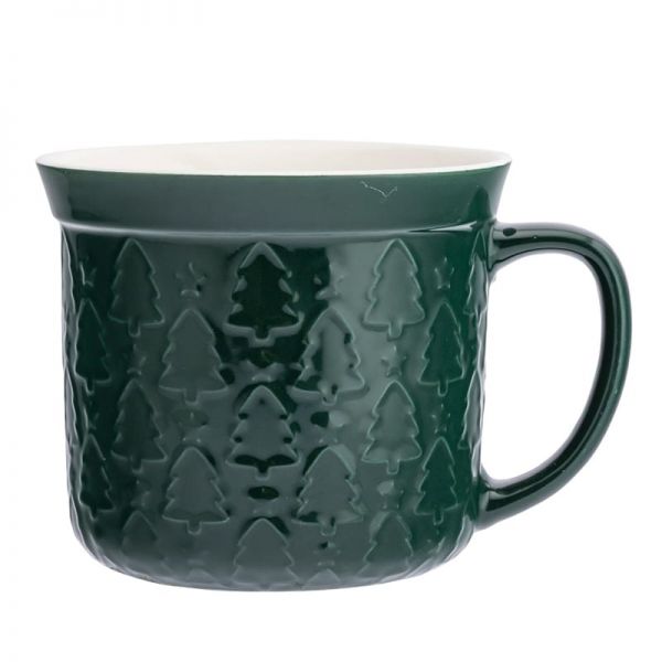 Nagy karácsonyi porcelán bögre fenyőfás dekorral - 640 ml - zöld