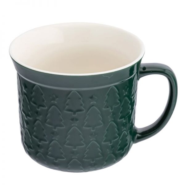 Nagy karácsonyi porcelán bögre fenyőfás dekorral - 640 ml - zöld