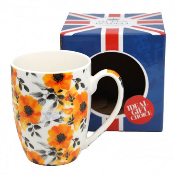 Narancssárga virágos porcelán bögre 350 ml dobozban