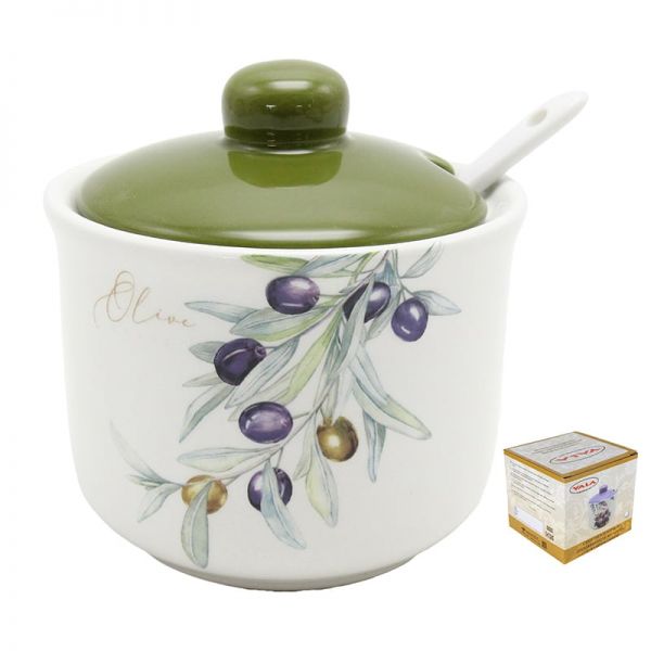 Olivabogyós kerámia cukortartó kanállal - 260 ml