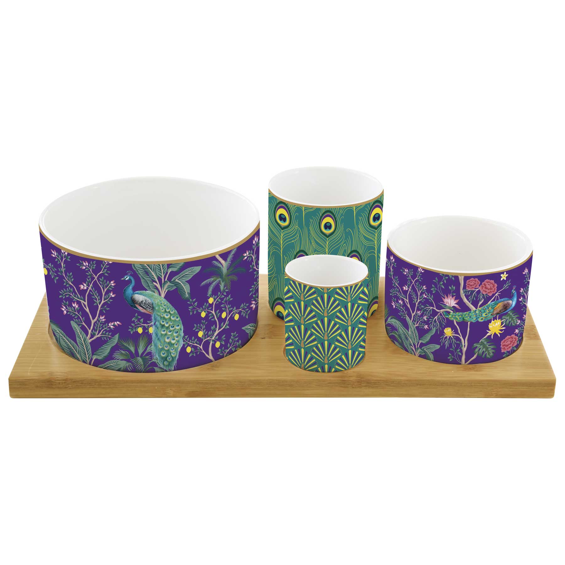 Tálka Páva mintás porcelán kínálótál tálka 4 db-os szett bambusztálcán Imperial Peacock Coffee Mania
