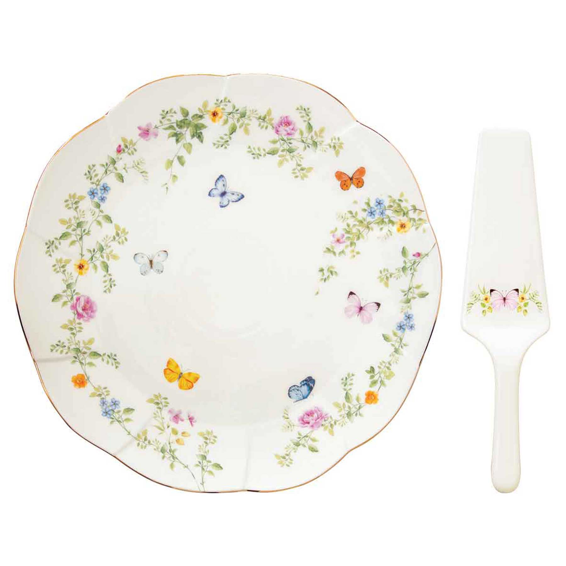 Pillangós porcelán tortatál lapáttal 32 cm díszdobozban Dancing Butterflies