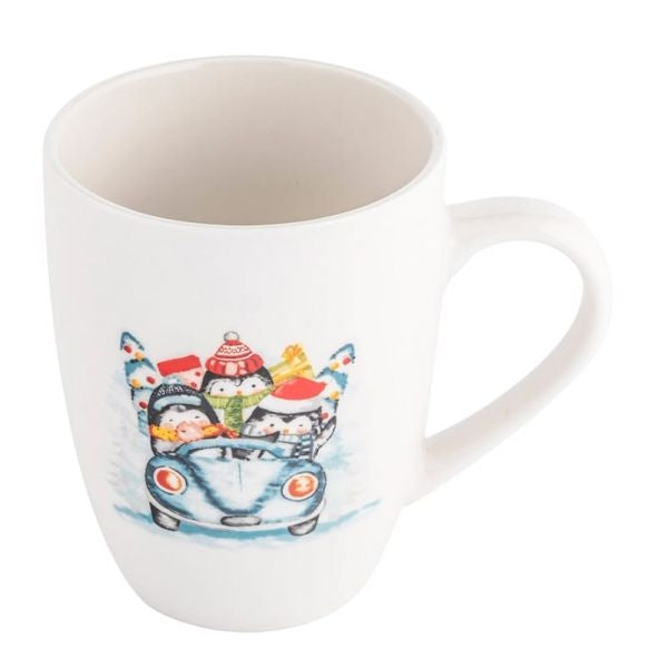 Karácsonyi porcelán bögre 340 ml pingvinek autóban