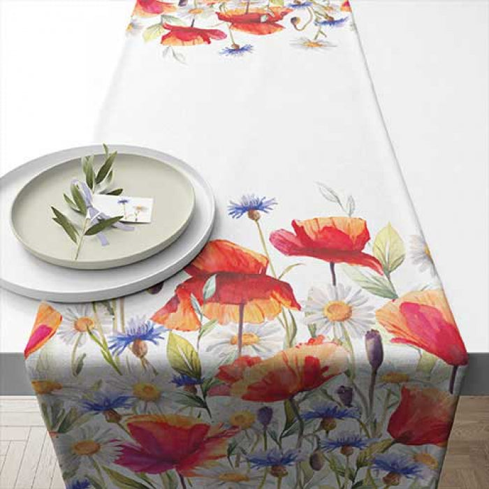 Asztali futó Pipacsos búzavirágos asztali futó 40x150 cm Poppies and cornflowers