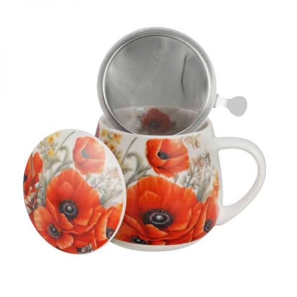 Pipacsos fémszűrős porcelán teásbögre 430 ml - díszdobozos