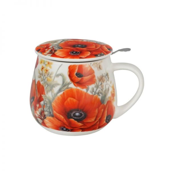 Pipacsos fémszűrős porcelán teásbögre 430 ml - díszdobozos