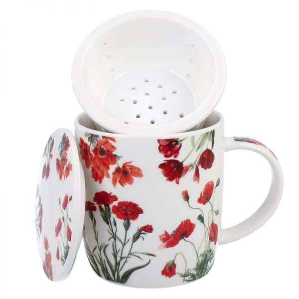 Pipacsos porcelán bögre szűrővel – 400 ml – piros díszdobozos