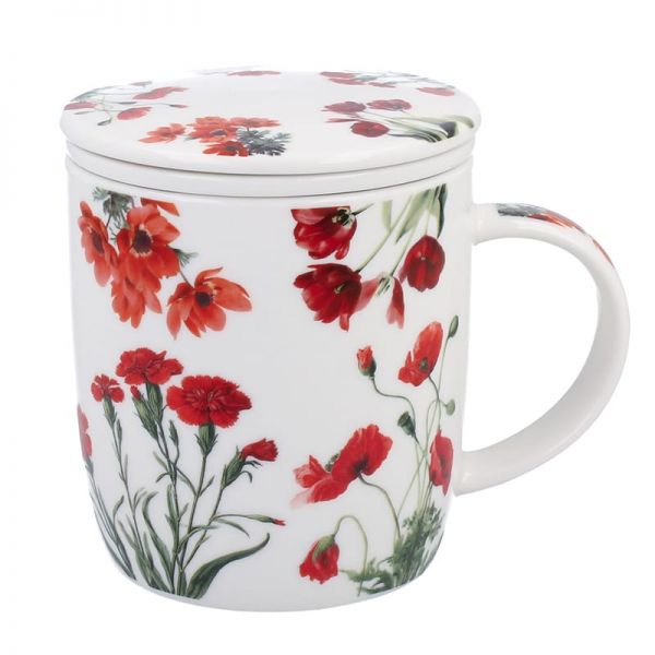 Pipacsos porcelán bögre szűrővel – 400 ml – piros díszdobozos