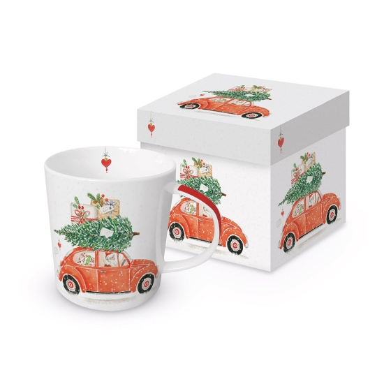 Bögre Piros autós karácsonyi porcelán bögre díszdobozban