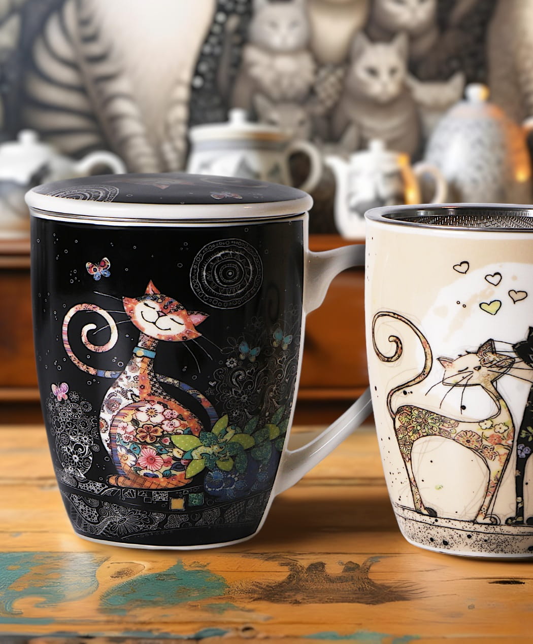 Bögre Porcelán cicás teás bögre szűrővel fekete alapon