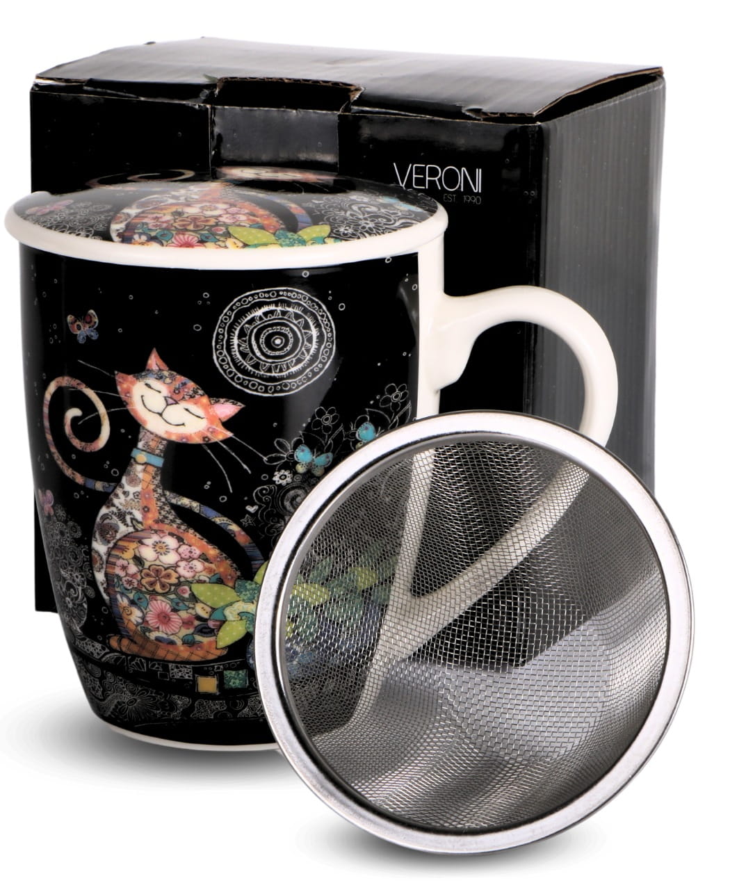 Bögre Porcelán cicás teás bögre szűrővel fekete alapon