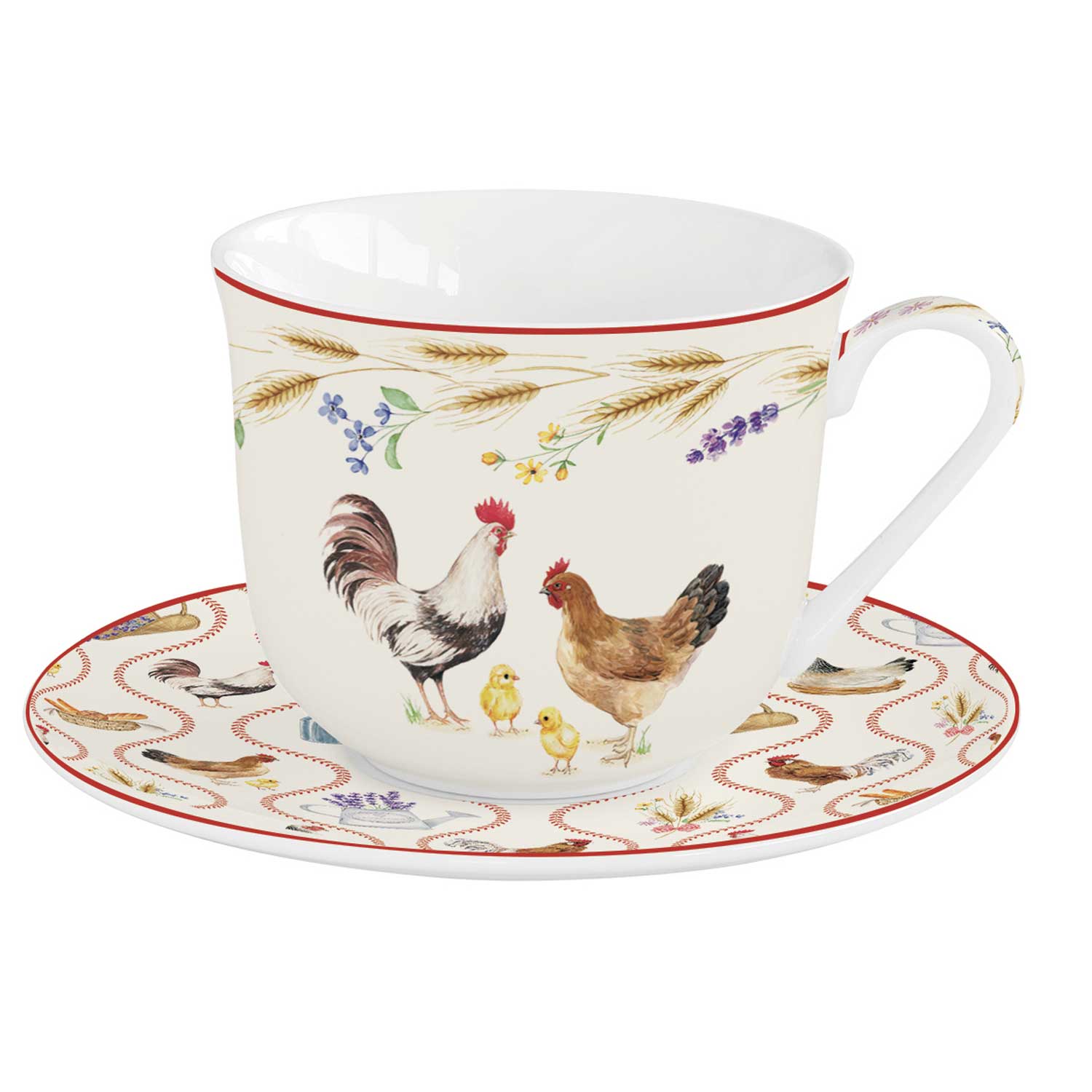 Csésze Porcelán kakasos nagy reggeliző csésze aljjal Country Life