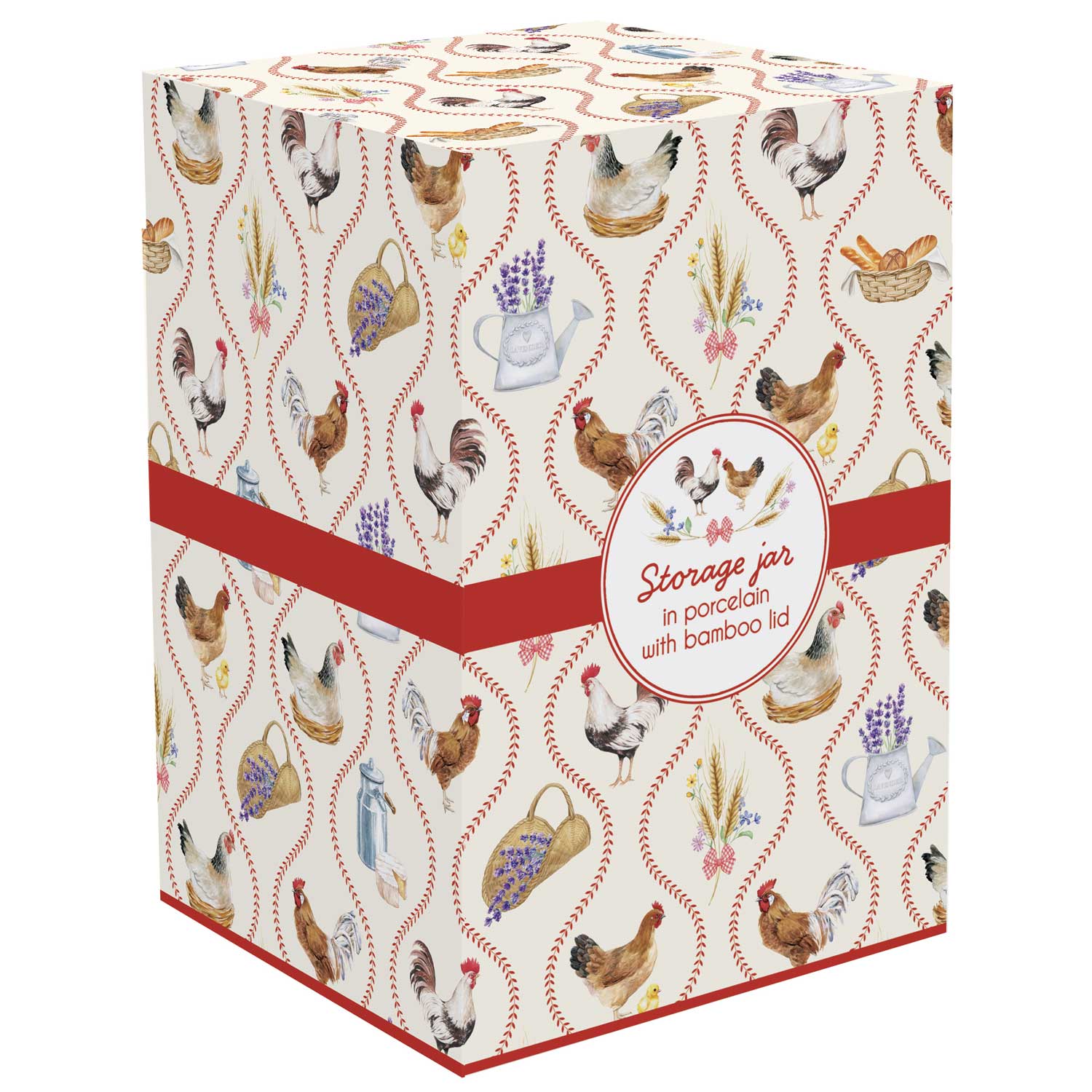 Tároló doboz Porcelán konyhai tároló bambusz tetővel kakasos Country Life