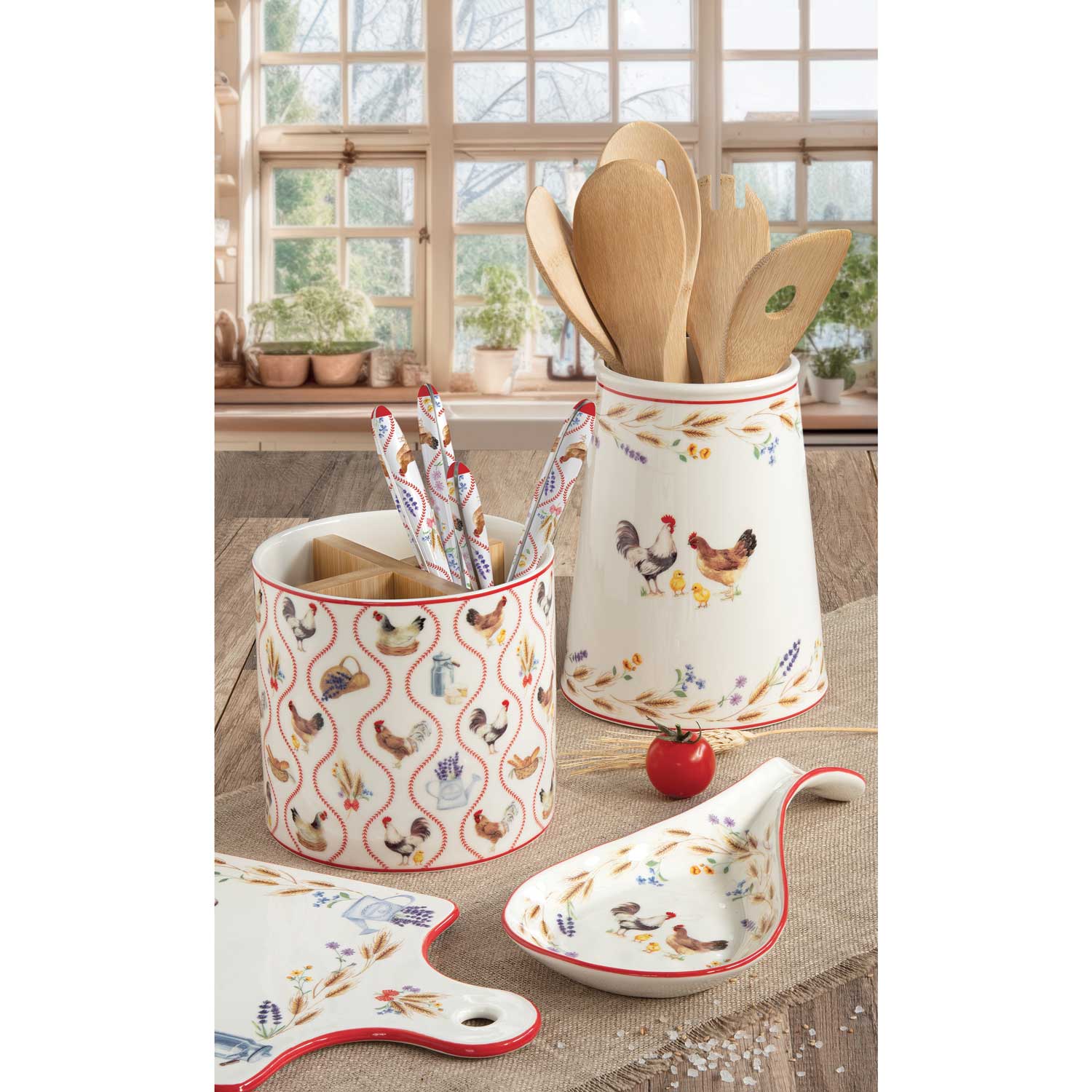 Tároló doboz Porcelán konyhai tároló bambusz tetővel kakasos Country Life