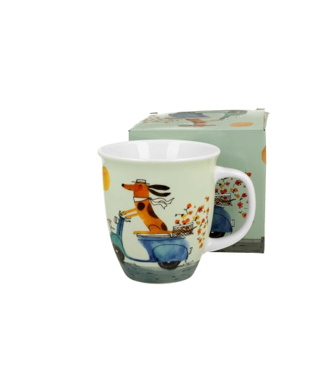 Bögre, csésze Porcelán nagy bögre díszdobozban Kutya robogón 650 ml