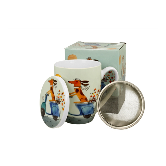 Bögre, csésze Porcelán teás bögre szűrővel díszdobozban Kutya robogón