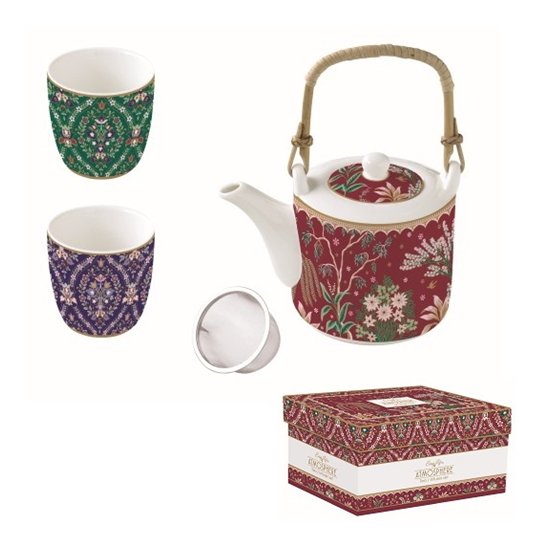 Bögre, csésze Porcelán teáskanna bögrével és szűrővel díszdobozban Eclectic Chic