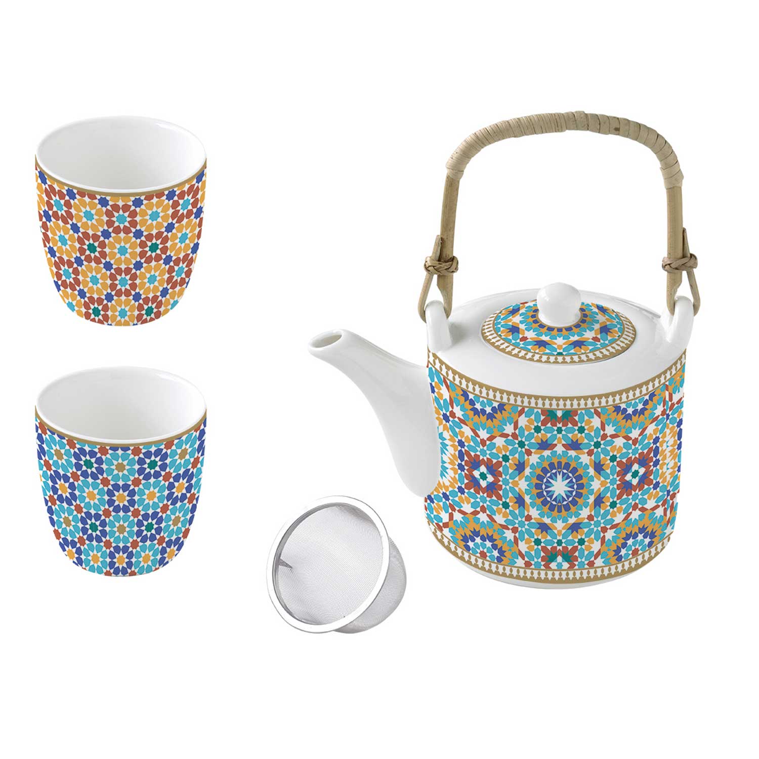 Teáskanna Porcelán teáskanna fém szűrővel pohárral szett Marrakech