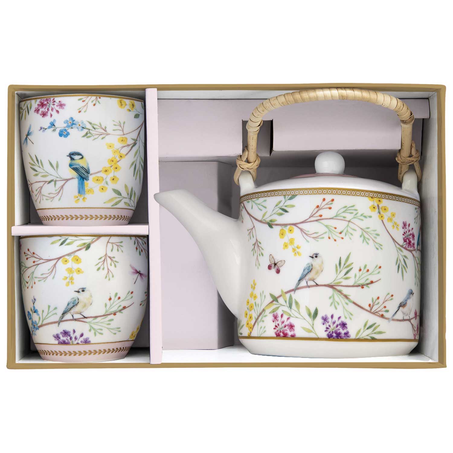 Teáskanna Porcelán teáskanna fémszűrővel 2 pohárral Birds Melody