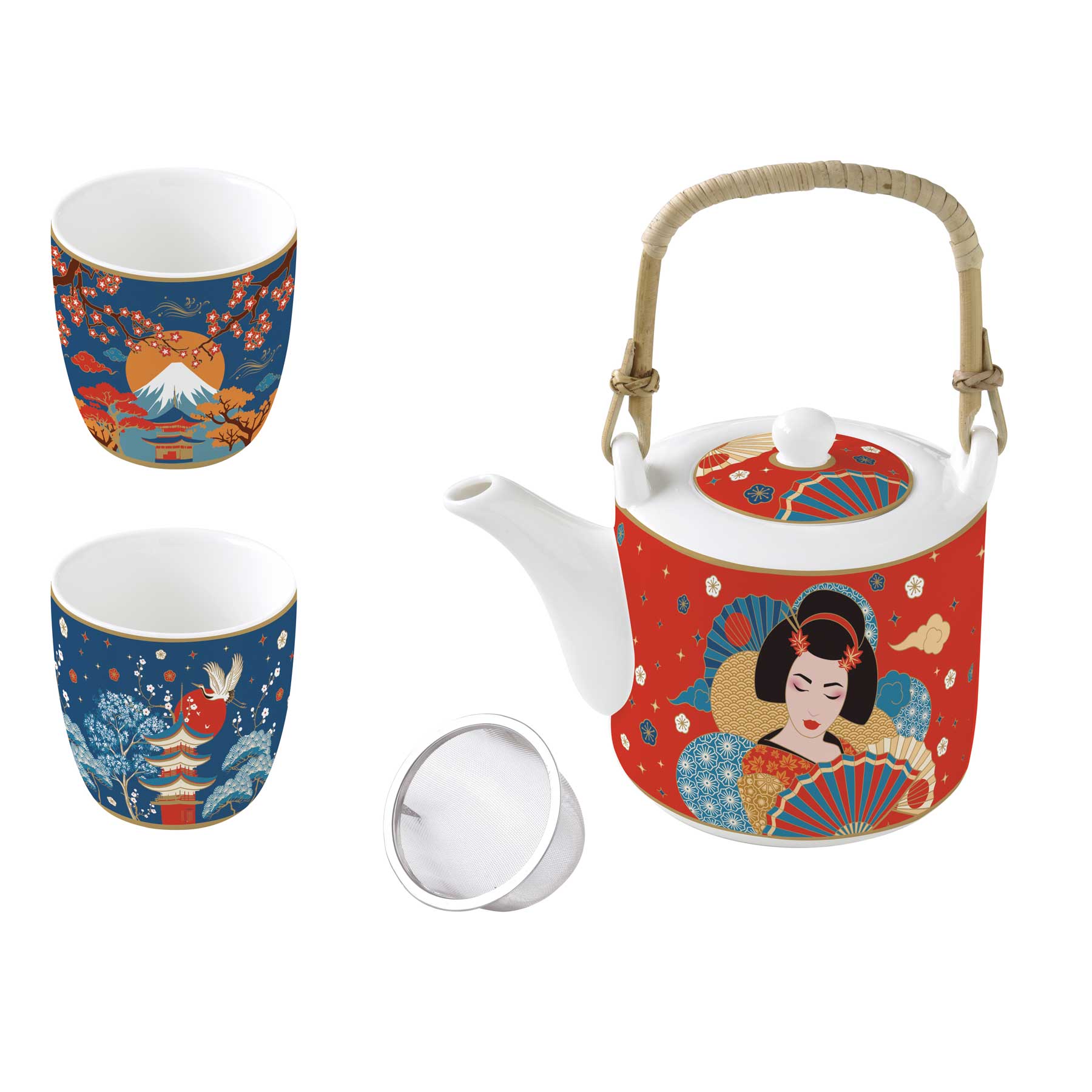 Teáskanna Porcelán teáskanna fémszűrővel 2 porcelán pohárral Tokyo Coffee Mania
