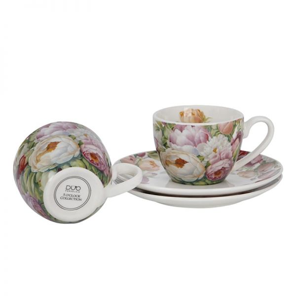 Pünkösdi rózsás porcelán csésze aljjal - 270 ml - 2 személyes készlet díszdobozban