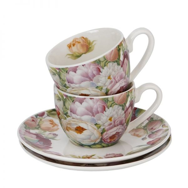 Pünkösdi rózsás porcelán csésze aljjal - 270 ml - 2 személyes készlet díszdobozban