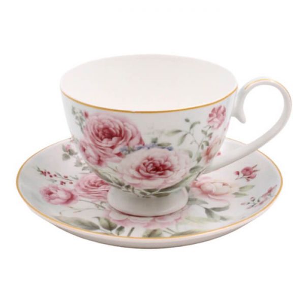 Bögre, csésze Rêve de Rose Rózsás porcelán csésze aljjal 250 ml - díszdobozos