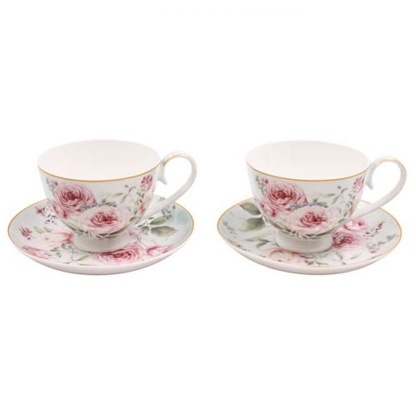 Bögre, csésze Rêve de Rose Rózsás porcelán csésze aljjal 250 ml két személyes