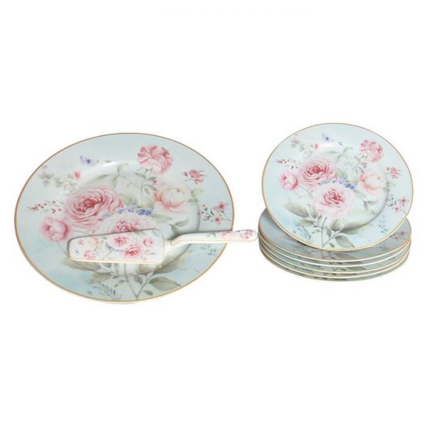 Tortatál Rêve de Rose Rózsás porcelán süteményes készlet tortatállal és lapáttal - 6 személyesdíszdobozos