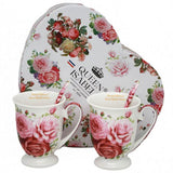 Rózsás porcelán bögre szett kanállal 300 ml - 2 személyes - szív dobozos