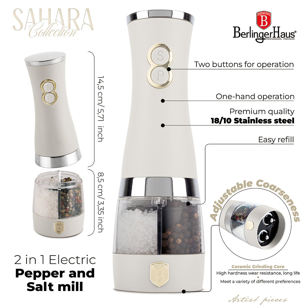 Rozsdamentes acél 2 az 1-ben elektromos só- és borsörlő krém Sahara Collection