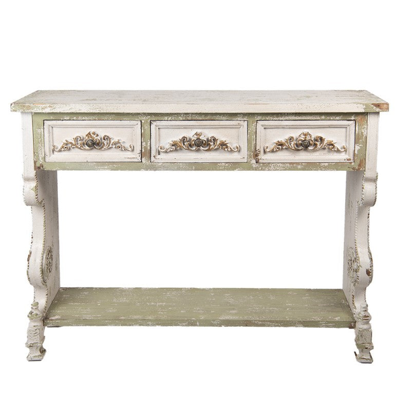 Vintage konzolasztal 3 fiókkal, fehér–zöld – 129 × 36 × 99 cm erős antikolással