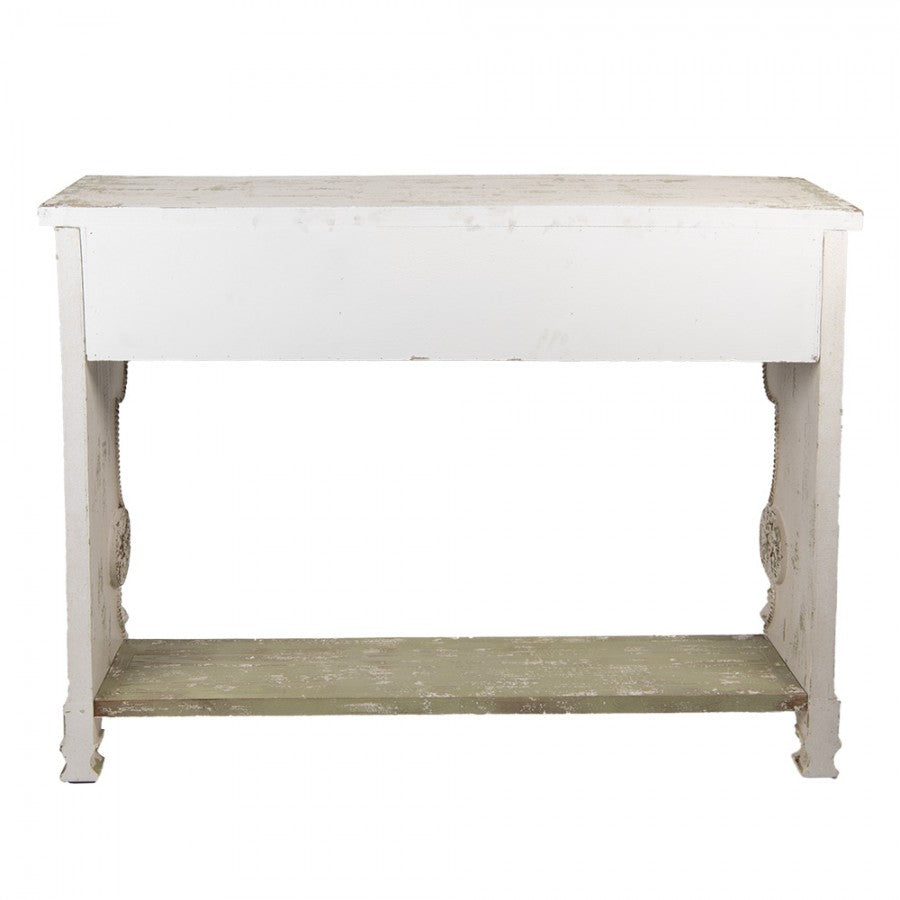 Vintage konzolasztal 3 fiókkal, fehér–zöld – 129 × 36 × 99 cm erős antikolással