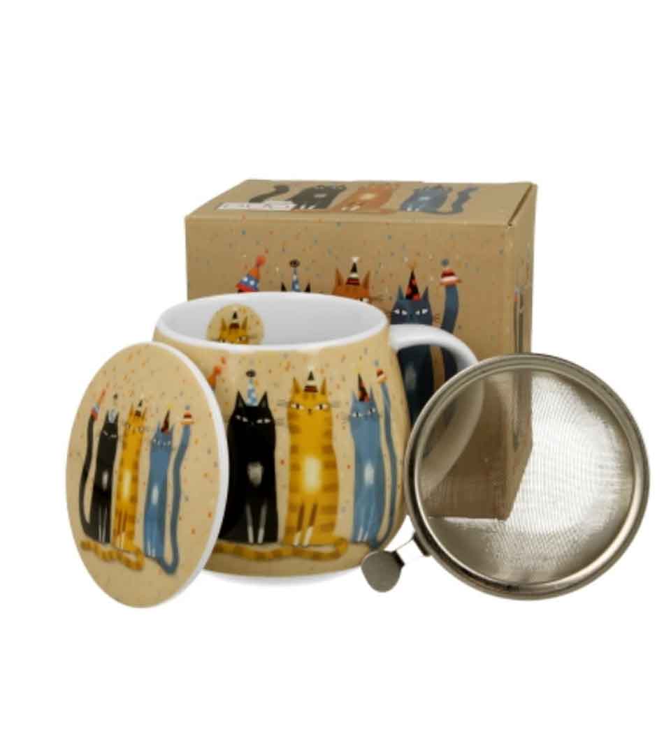 Porcelán cicás bögre fém szűrővel 430 ml ajándék díszdobozban Cats Party