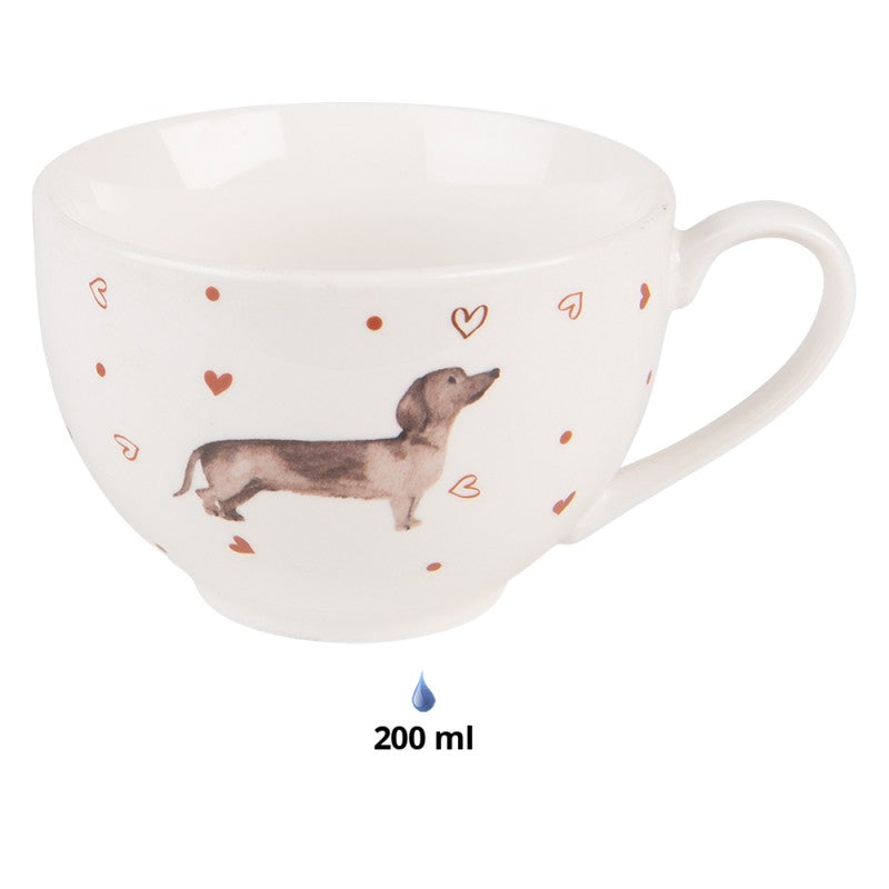 Tányér, étkészlet Tacskó mintás porcelán csésze aljjal