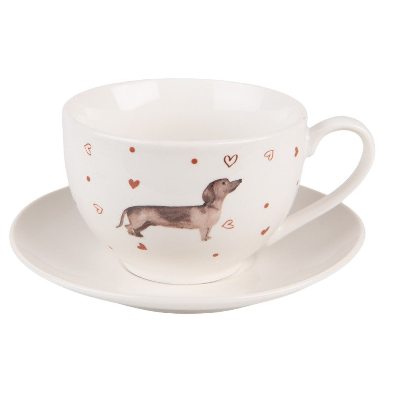 Tányér, étkészlet Tacskó mintás porcelán csésze aljjal