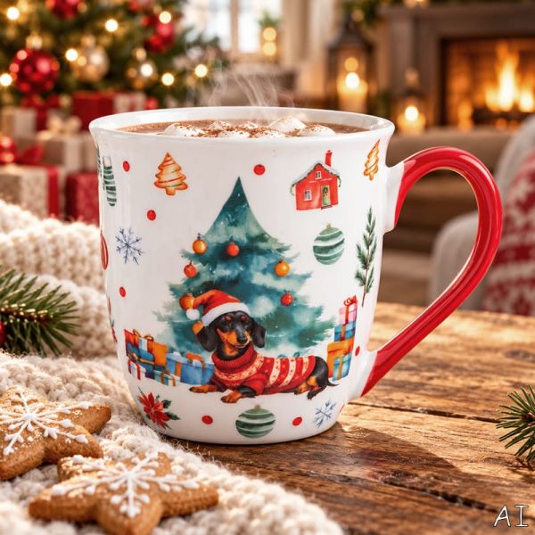 Karácsonyi porcelán bögre nagyméretű - 630 ml tacskós