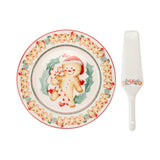 Karácsonyi porcelán tortatál lapáttal 26 cm mézeskalács baba
