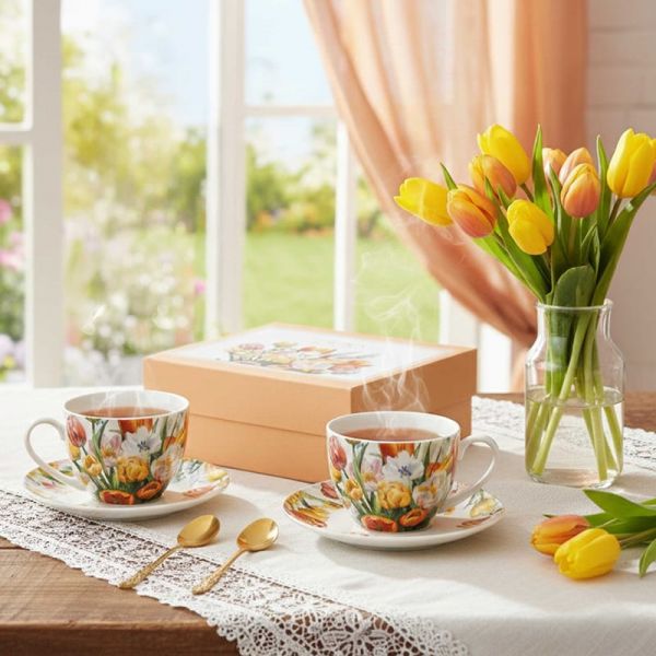 Tulipános porcelán csésze aljjal – 270 ml – 2 személyes készlet díszdobozban