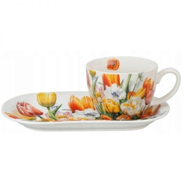 Tulipános porcelán reggeliző szett tálcával – 450 ml