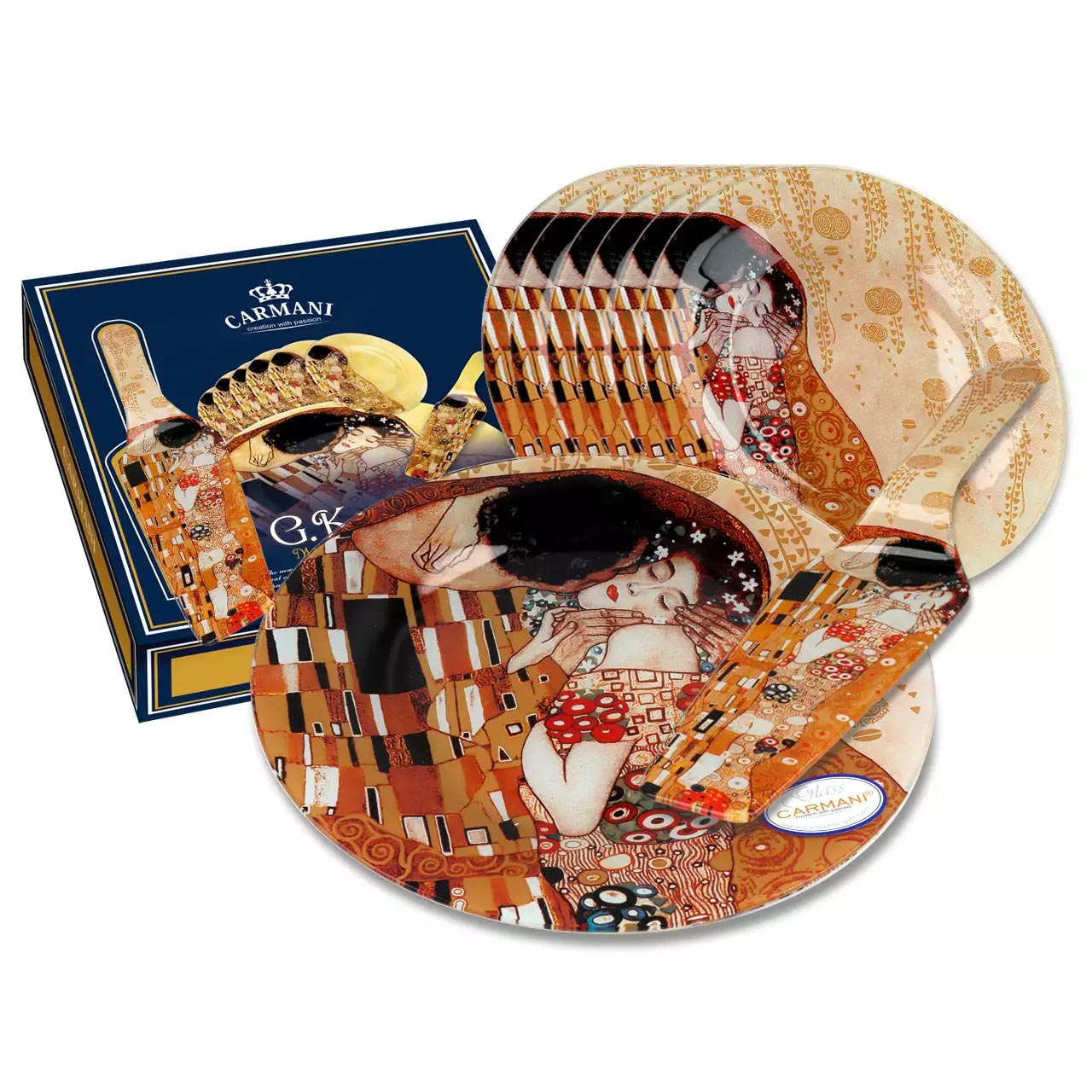 Tortatál Üveg tortatál lapáttal 28cm, 6 desszertes tányérral Klimt The Kiss