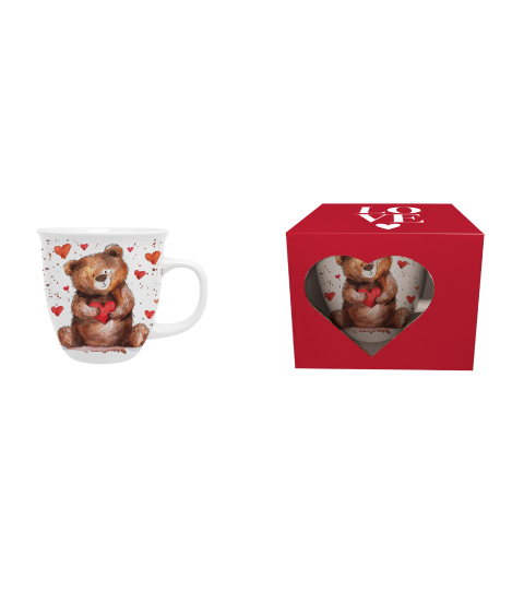 Bögre, csésze Valentin napi porcelán bögre maci piros szívvel ablakos díszdobozban 650 ml