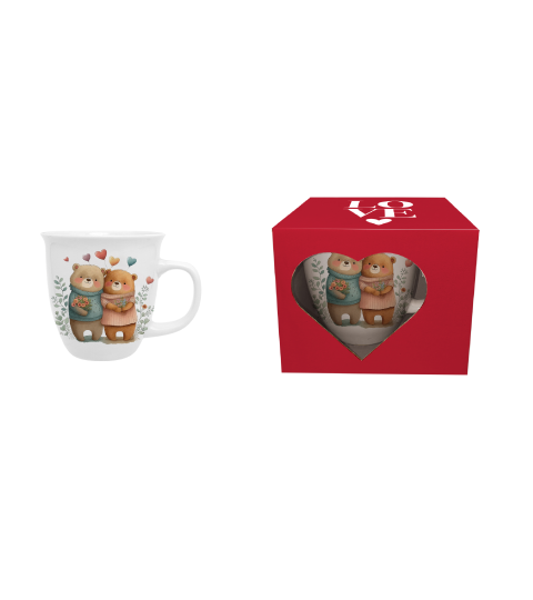 Bögre, csésze Valentin napi porcelán bögre szerelmes maci páros szívvel ablakos díszdobozban 650 ml