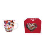 Bögre, csésze Valentin napi porcelán bögre színes szívek ablakos díszdobozban 650 ml
