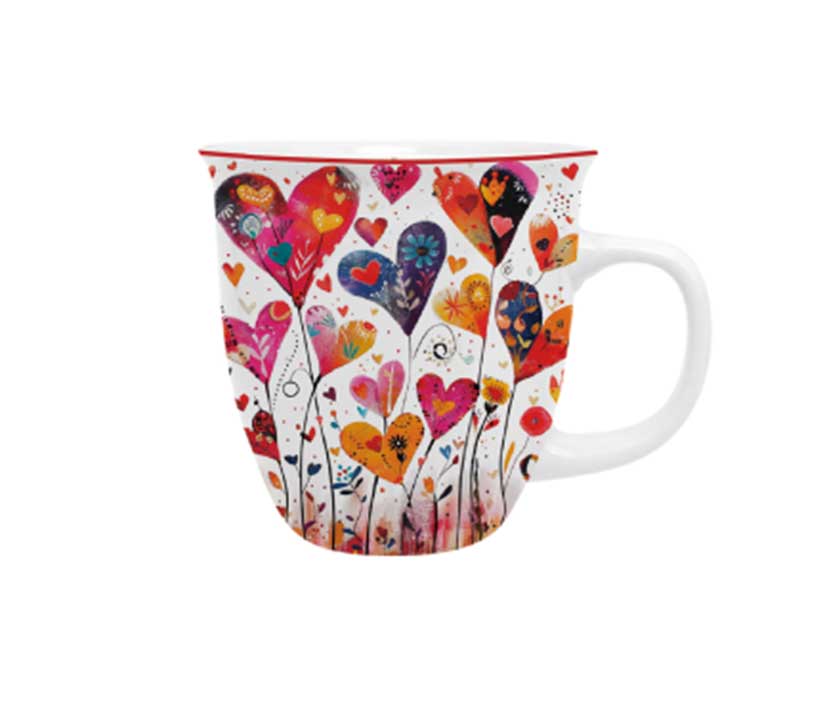 Bögre, csésze Valentin napi porcelán bögre színes szívek ablakos díszdobozban 650 ml
