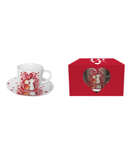 Bögre, csésze Valentin napi porcelán csésze aljjal 240 ml maci szívvel ablakos díszdobozban