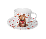 Bögre, csésze Valentin napi porcelán csésze aljjal 240 ml maci szívvel ablakos díszdobozban