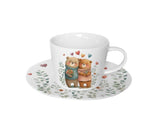 Bögre, csésze Valentin napi porcelán csésze aljjal 240 ml szerelmes maci pár szívvel ablakos díszdobozban
